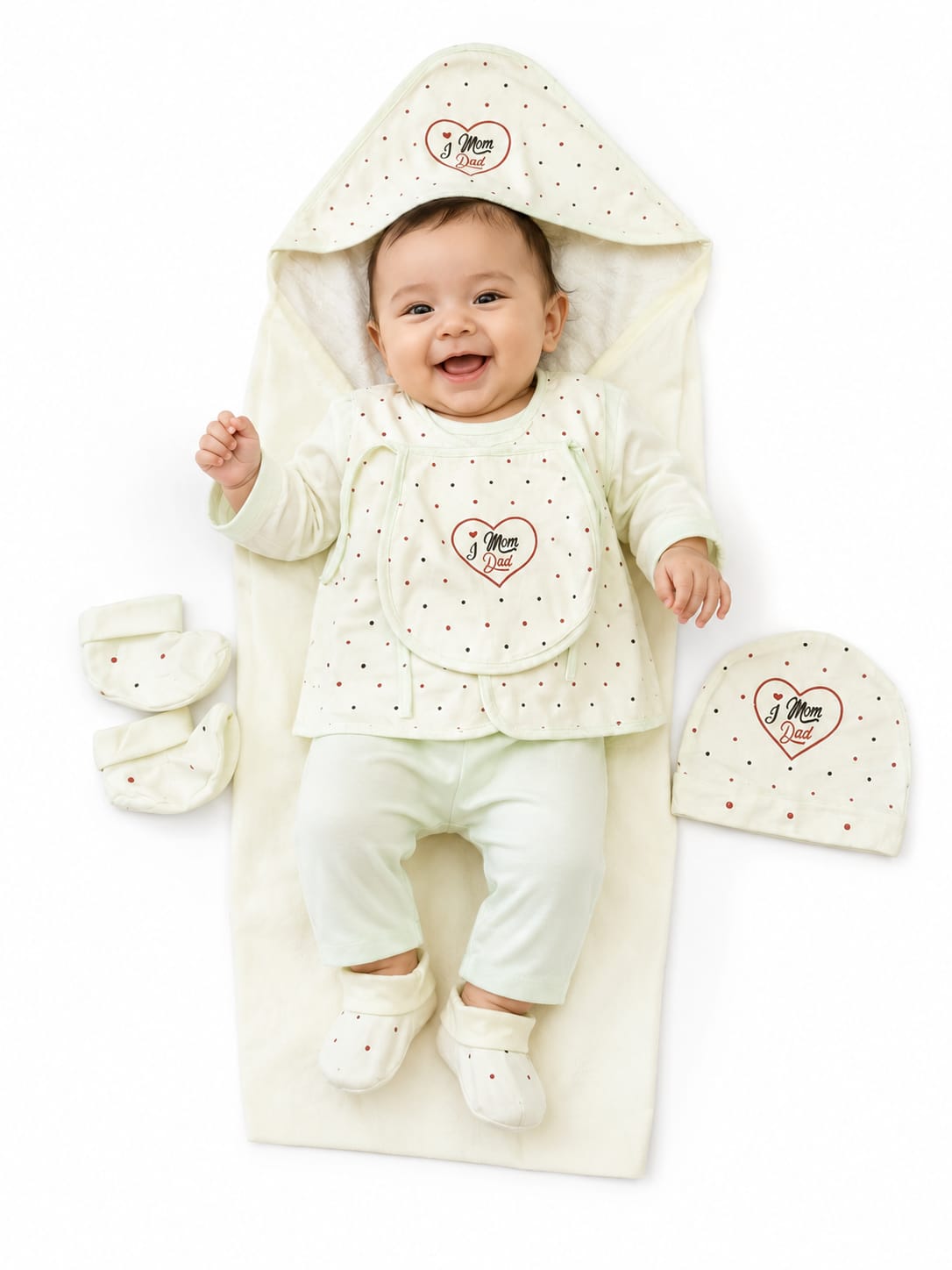 New Born Infant Premium 6-Piece Layette Gift Set – Cream & Crimson Heart Suit