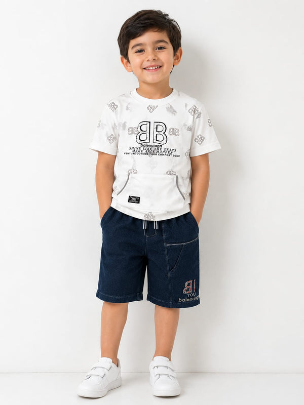 Baby Boys' Graphic Emblem Tee & Structured Denim Shorts Premium Set Suit
