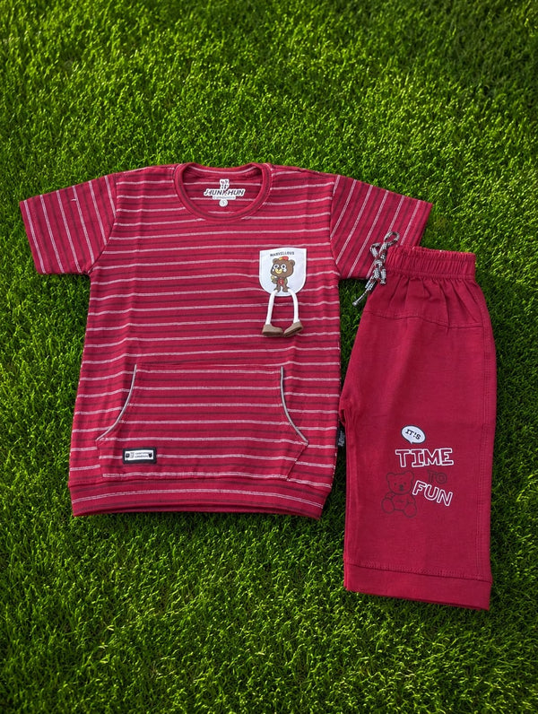 Baby Boy Two-Piece Maroon Micro-Stripe T-Shirt & Shorts Set Suit