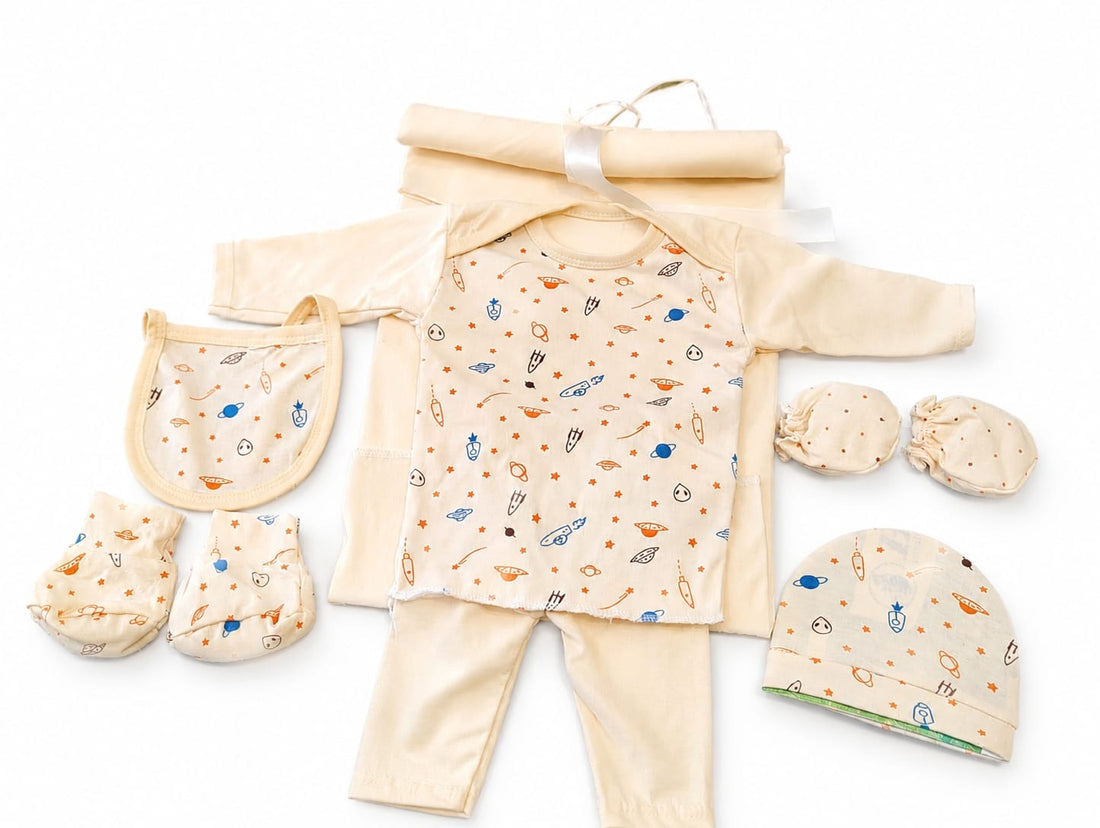 New Born Infant Premium 7-Piece Layette Gift Set – Cream Celestial Micro-Print