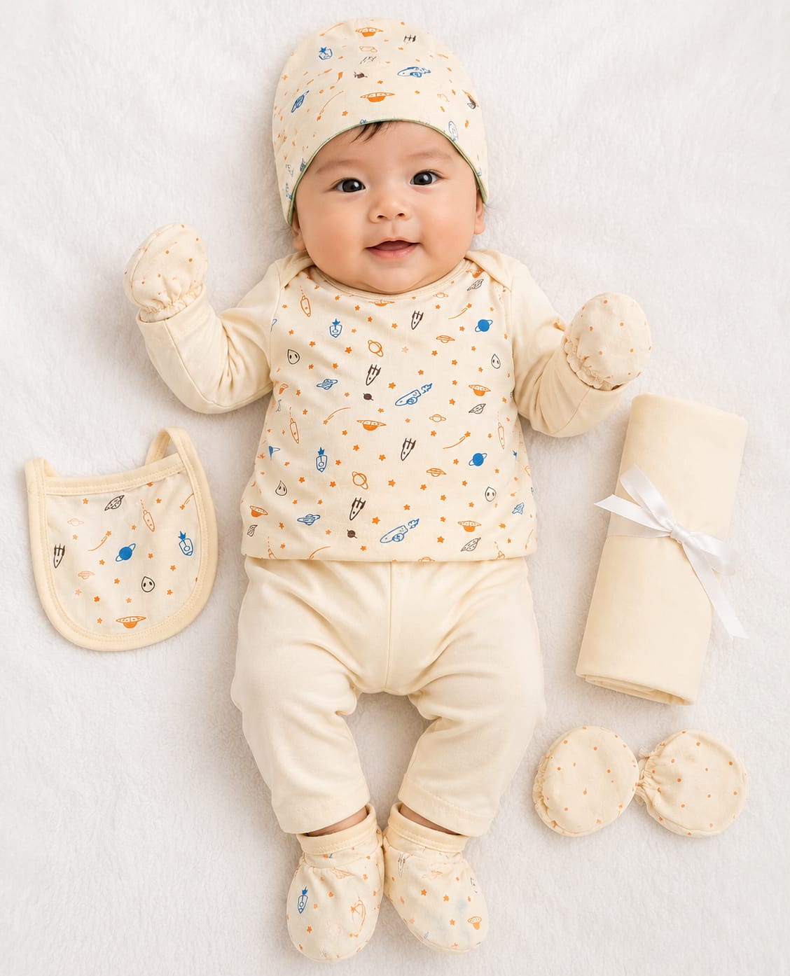New Born Infant Premium 7-Piece Layette Gift Set – Cream Celestial Micro-Print