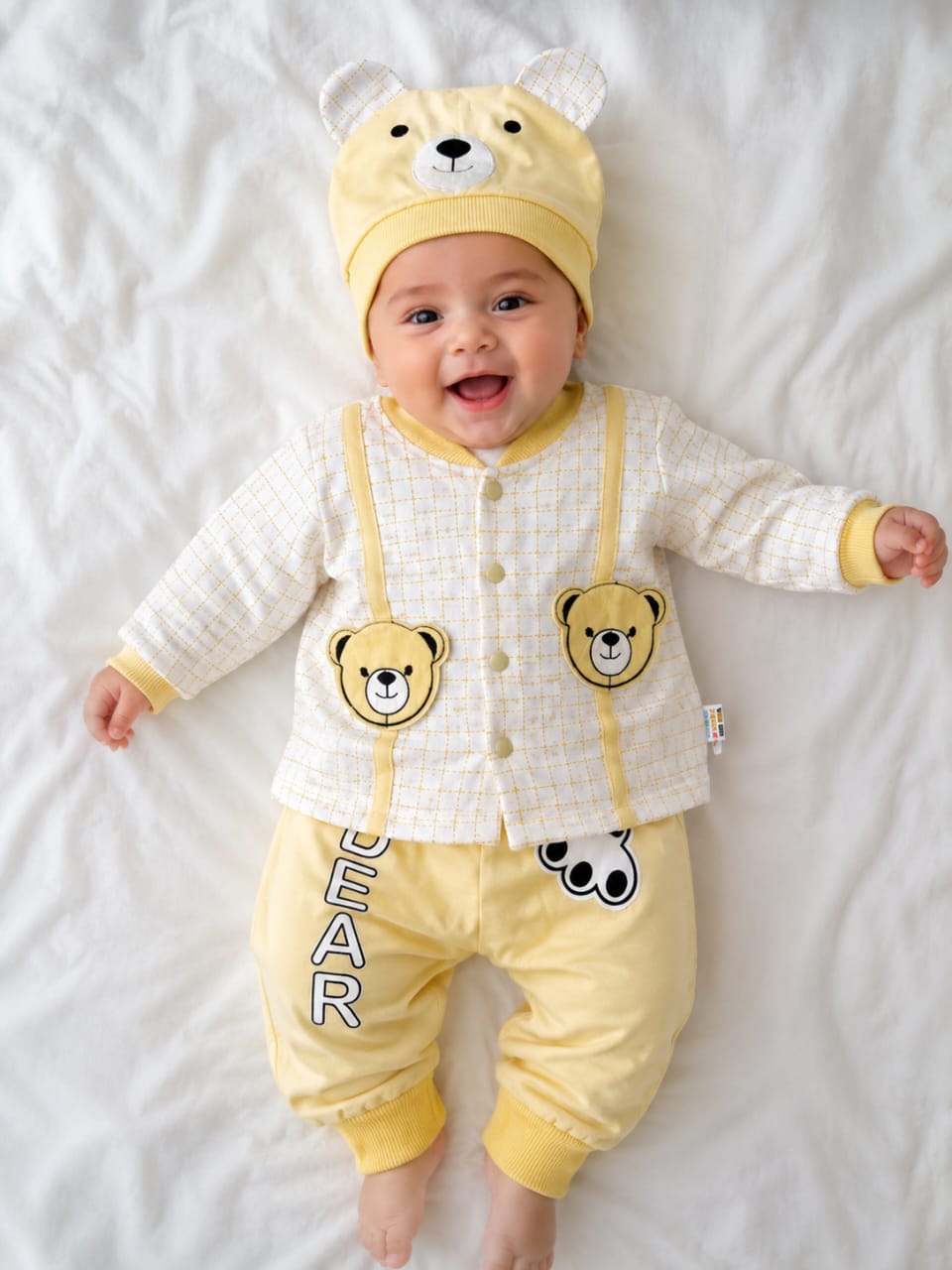 New Born Infant Luxury 3-Piece Teddy Set – Buttercream Tweed & Pastel Yellow