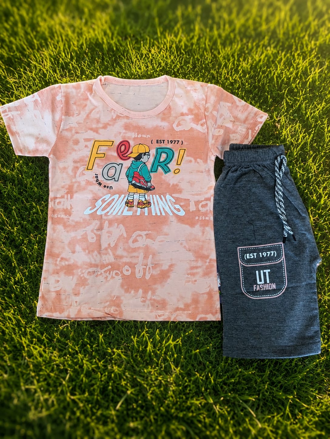 Baby Boys' Peach Tie-Dye Graphic Tee & Charcoal Knit Drawstring Shorts Set Suit
