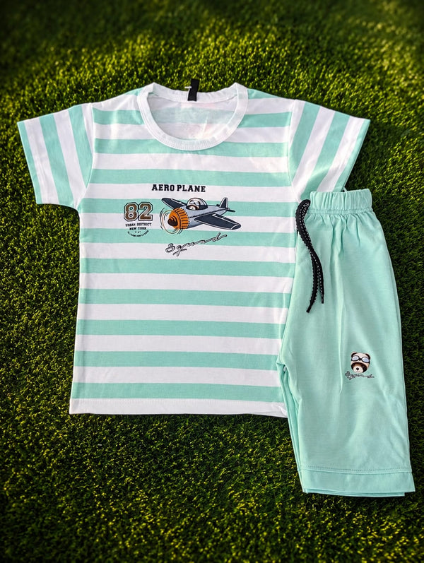 Baby Boys Mint Green Striped Aeroplane Print Cotton T-Shirt & Shorts Set Suit