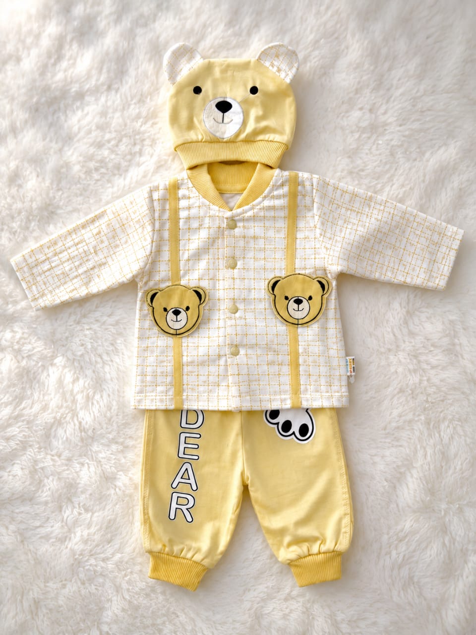 New Born Infant Luxury 3-Piece Teddy Set – Buttercream Tweed & Pastel Yellow