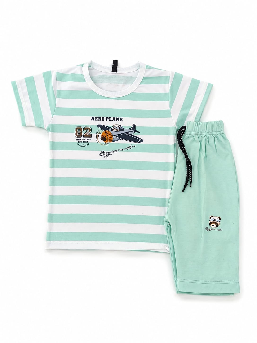 Baby Boys Mint Green Striped Aeroplane Print Cotton T-Shirt & Shorts Set Suit