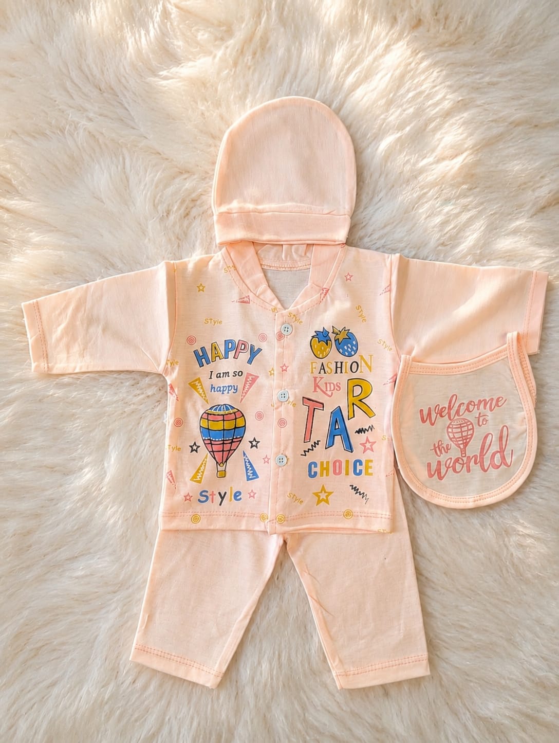 New Born Infant Luxury 4-Piece Graphic Suit – Peach Pastel Balloon with Milestone Bib