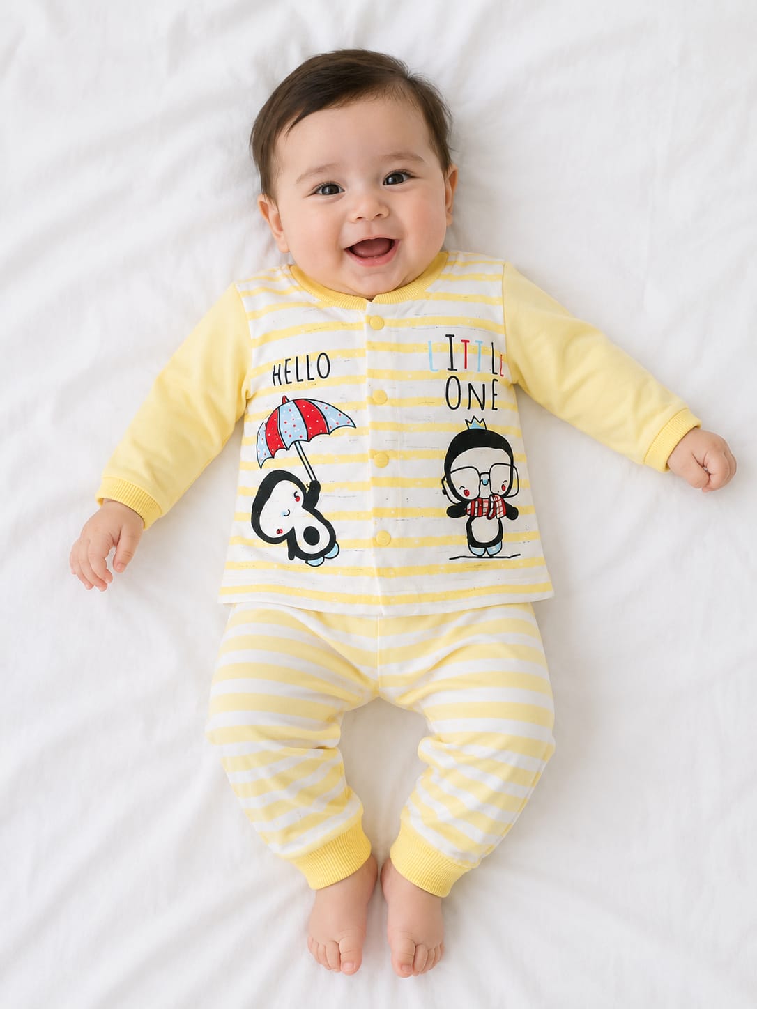 New Born Infant 3-Piece Lounge Suit – Canary Yellow Nautical Stripe with Coordinating Beanie