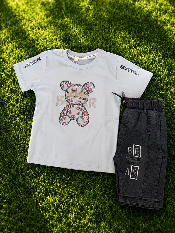 Baby Boys Teddy Bear Print White/Black T-Shirt & Shorts Set Suit