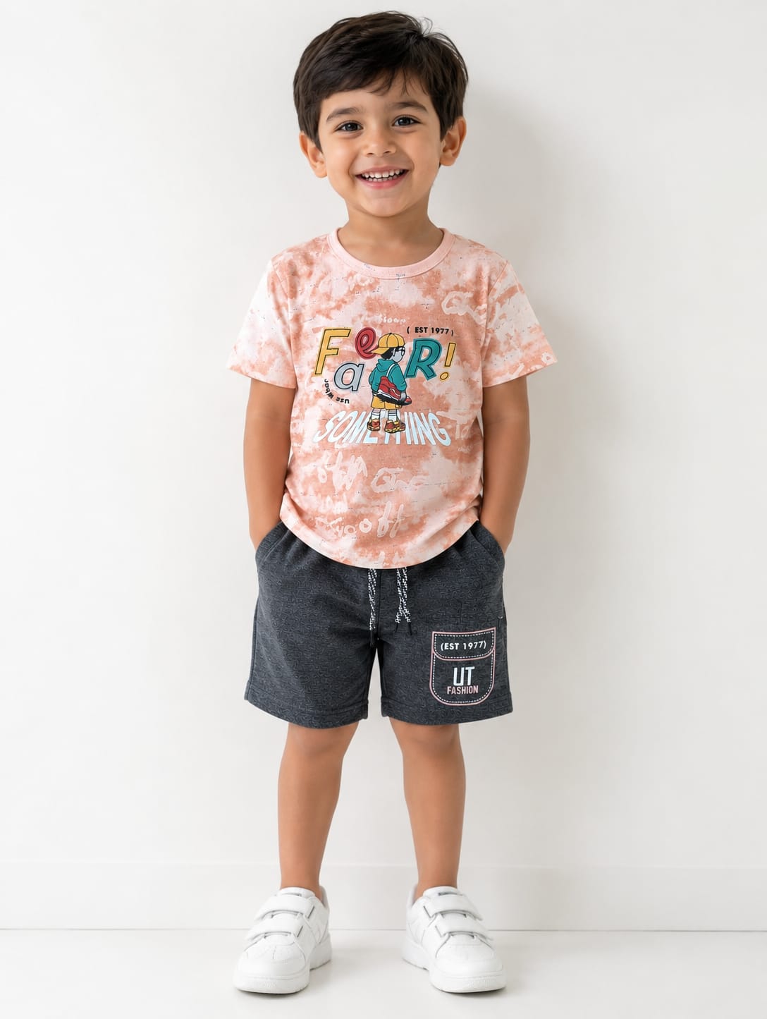 Baby Boys' Peach Tie-Dye Graphic Tee & Charcoal Knit Drawstring Shorts Set Suit