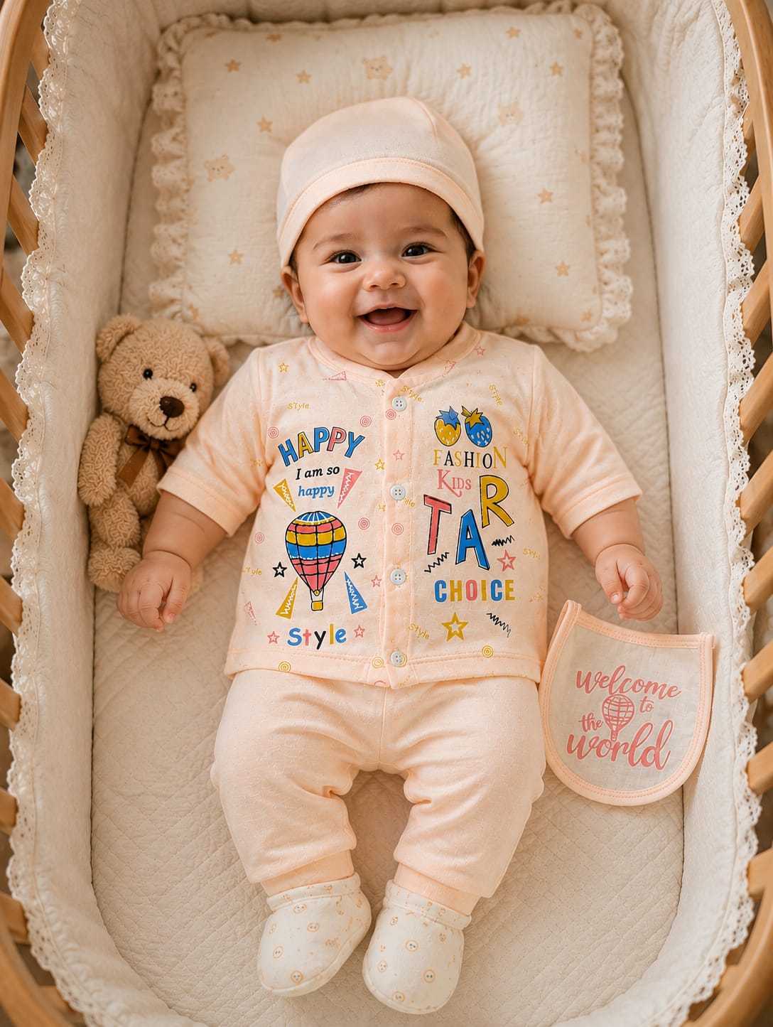 New Born Infant Luxury 4-Piece Graphic Suit – Peach Pastel Balloon with Milestone Bib