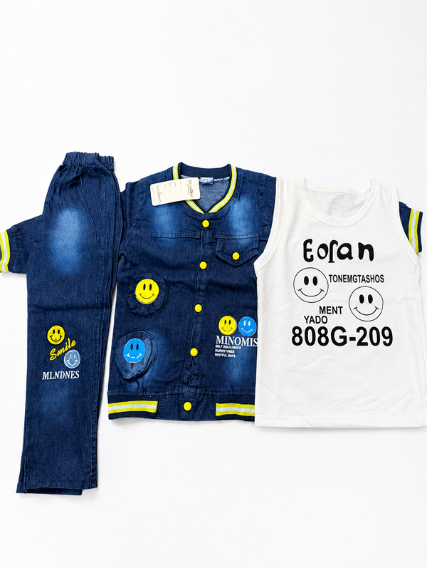Toddler Boys 3-Piece Denim Clothing Set with Smiley Graphic Tee