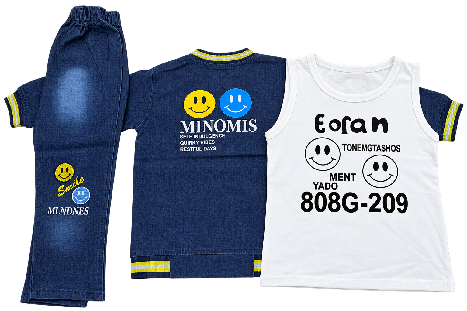 Toddler Boys 3-Piece Denim Clothing Set with Smiley Graphic Tee