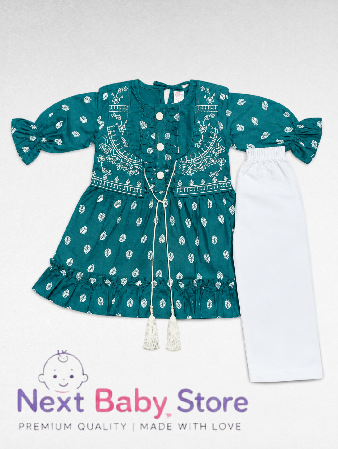 Traditional Baby Girls Teal Azadi Festive Tasseled Frock & White Trouser Suit
