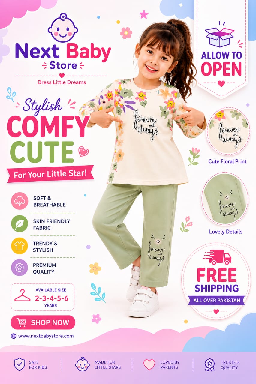 Girls' Premium 2-Piece Lounge Set – Cream Floral Tunic & Sage Green Trousers
