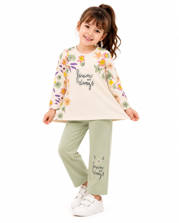 Girls' Premium 2-Piece Lounge Set – Cream Floral Tunic & Sage Green Trousers
