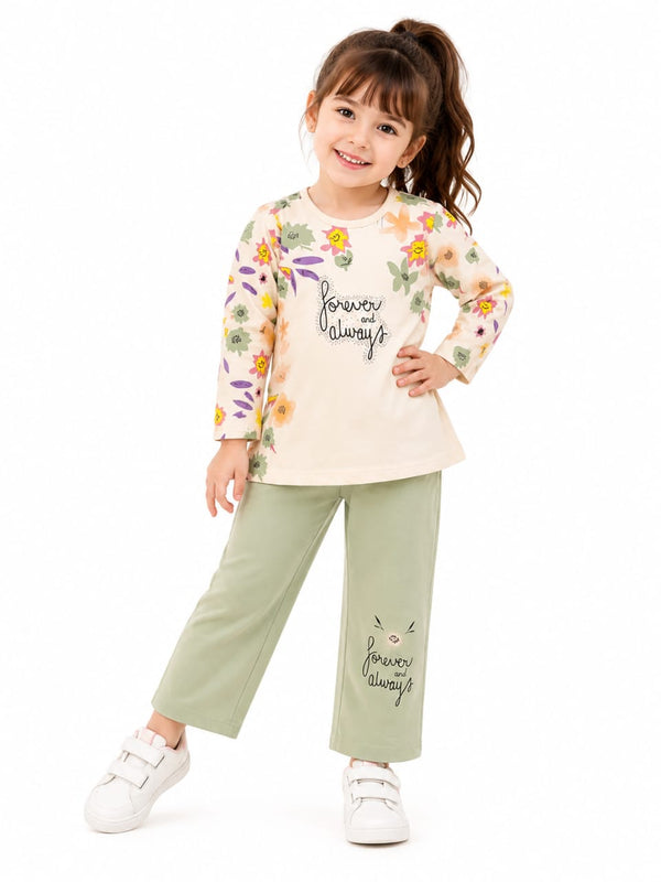 Girls' Premium 2-Piece Lounge Set – Cream Floral Tunic & Sage Green Trousers