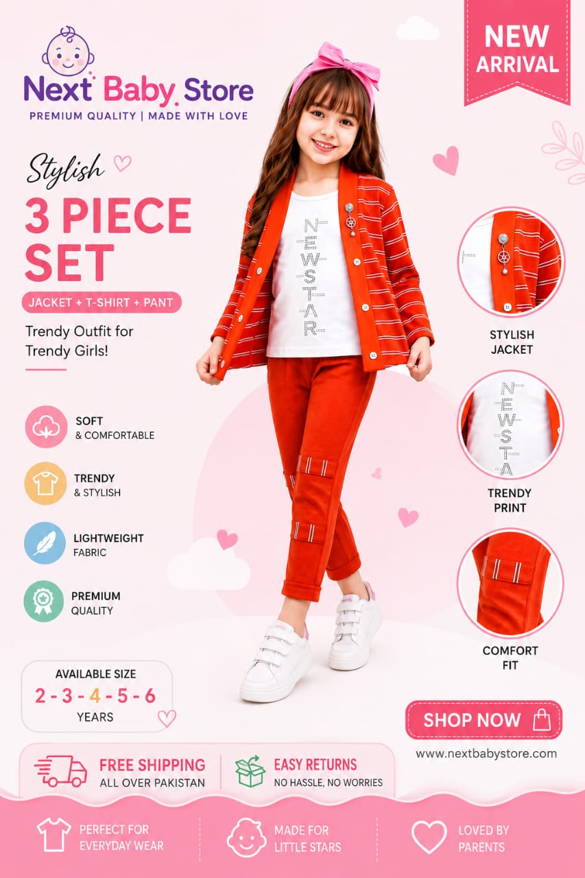 Baby Girls' Premium 3-Piece Knit Blazer Set – Burnt Red Geometric Chevron