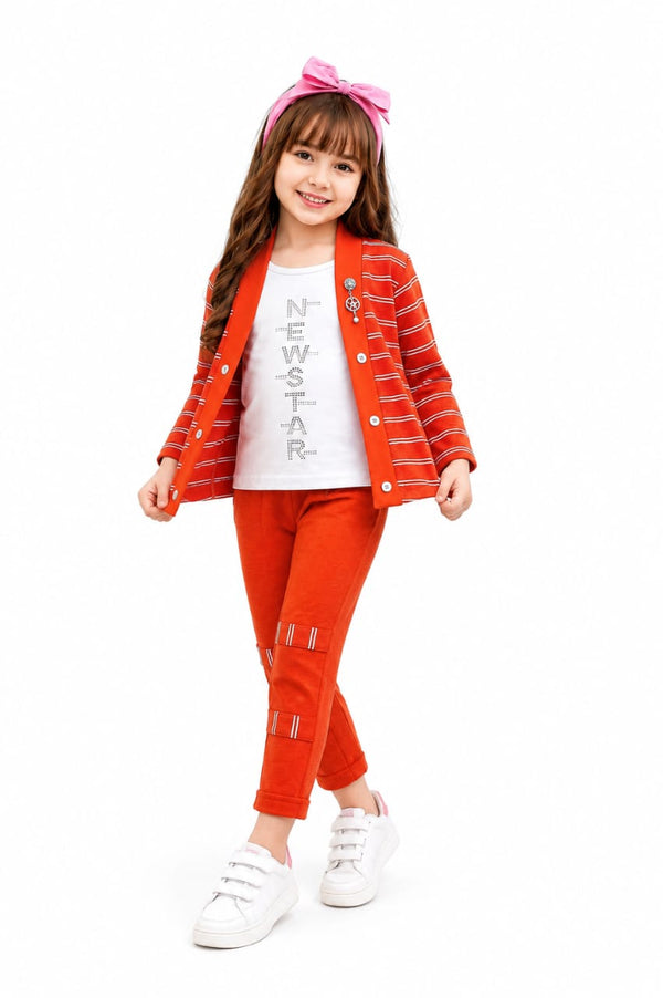 Baby Girls' Premium 3-Piece Knit Blazer Set – Burnt Red Geometric Chevron