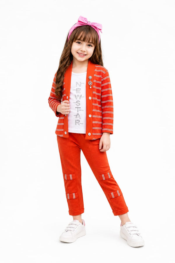 Baby Girls' Premium 3-Piece Knit Blazer Set – Burnt Red Geometric Chevron