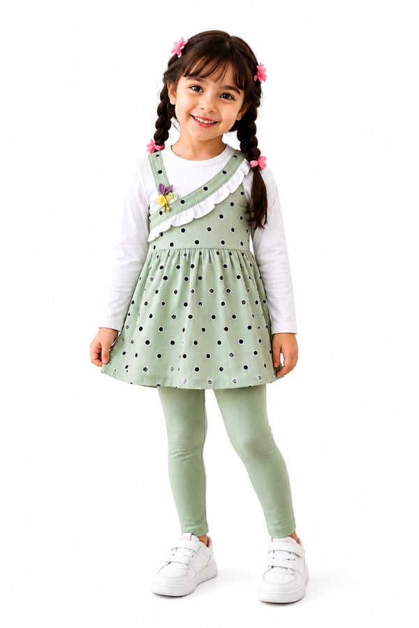 Girls' Premium 2-Piece Pinafore Set – Sage Green Polka Dot