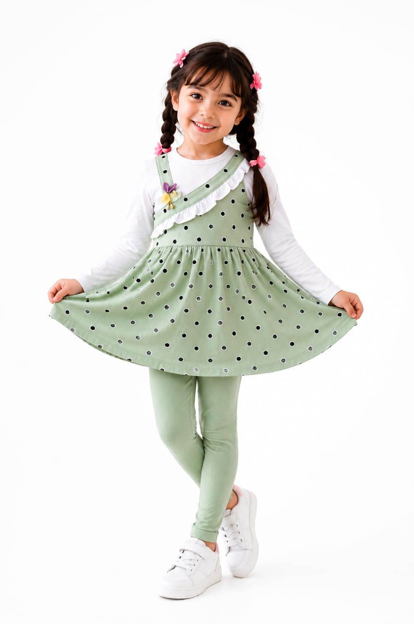 Girls' Premium 2-Piece Pinafore Set – Sage Green Polka Dot