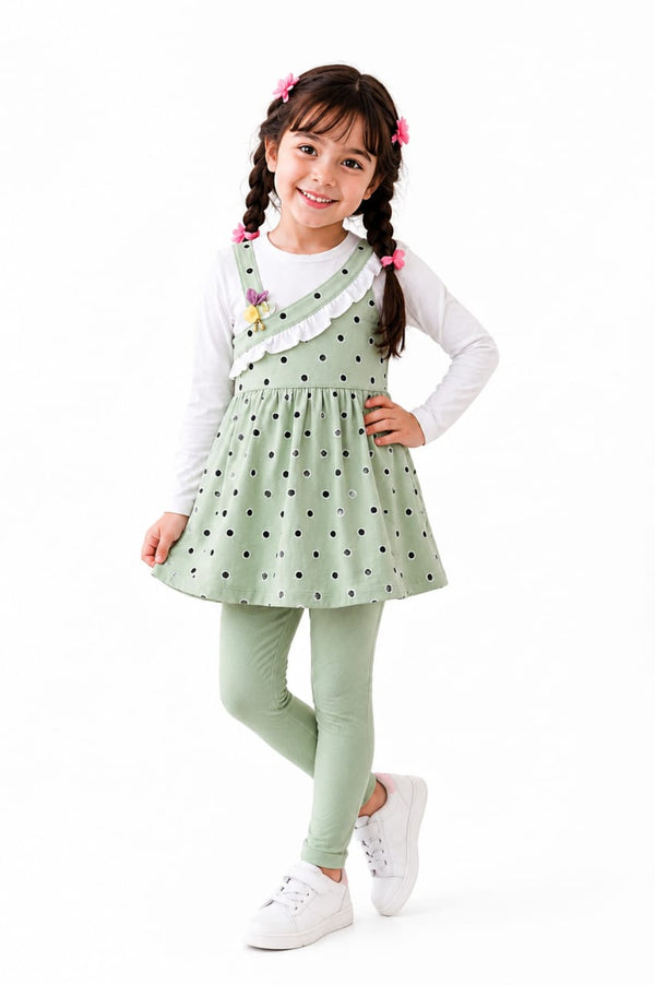 Girls' Premium 2-Piece Pinafore Set – Sage Green Polka Dot
