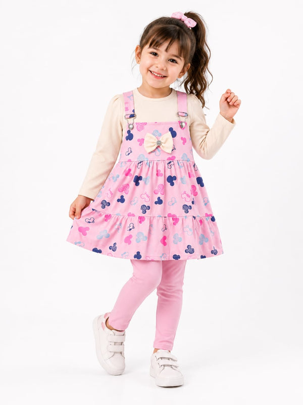 Girls' Premium 3-Piece Pinafore Dress Set – Bubblegum Pink Character Print with Hair Bow