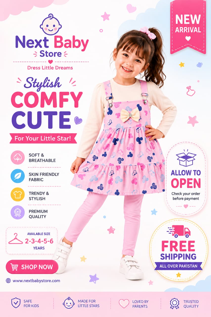 Girls' Premium 3-Piece Pinafore Dress Set – Bubblegum Pink Character Print with Hair Bow