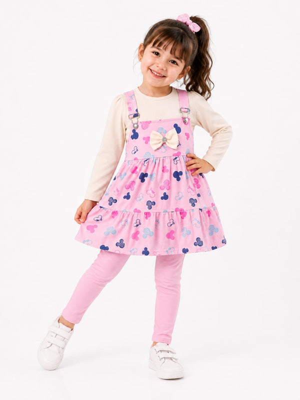 Girls' Premium 3-Piece Pinafore Dress Set – Bubblegum Pink Character Print with Hair Bow