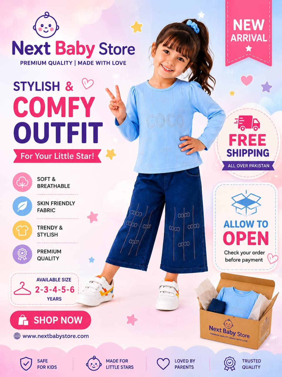 Girls' Premium 2-Piece Coordinates Set – Sky Blue Puff-Sleeve Top & Wide-Leg Indigo Denim Culottes