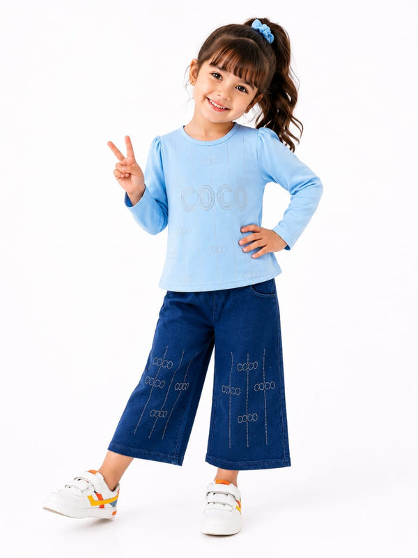 Girls' Premium 2-Piece Coordinates Set – Sky Blue Puff-Sleeve Top & Wide-Leg Indigo Denim Culottes