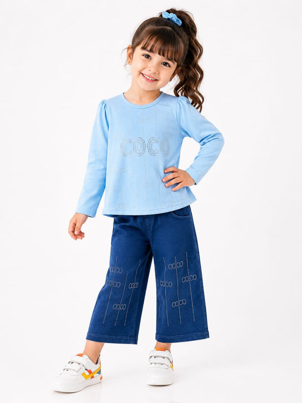 Girls' Premium 2-Piece Coordinates Set – Sky Blue Puff-Sleeve Top & Wide-Leg Indigo Denim Culottes