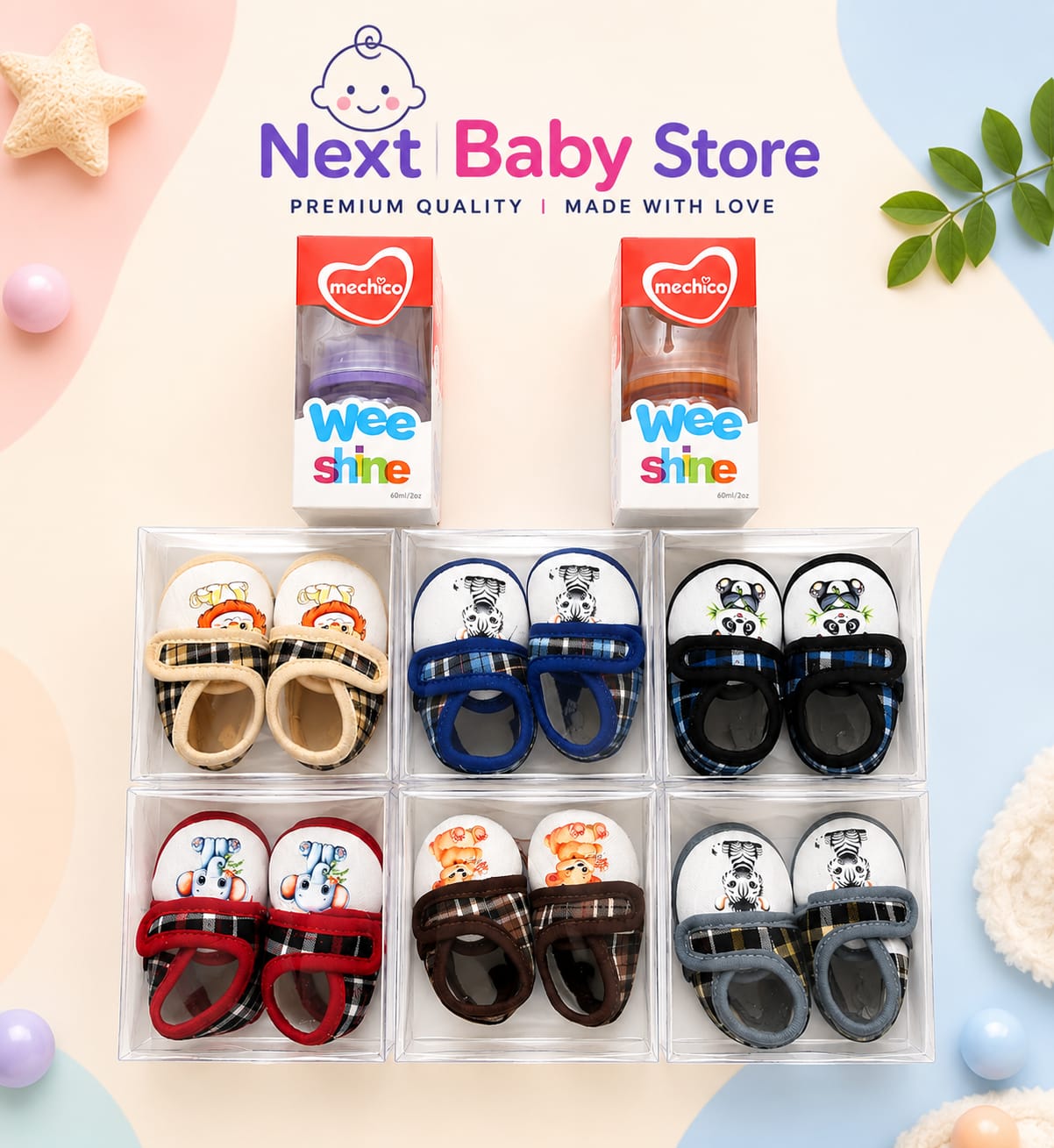 Cute Soft-Sole Animal Print Booties & Wee Shine 60ml Mini Feeders Gift Set