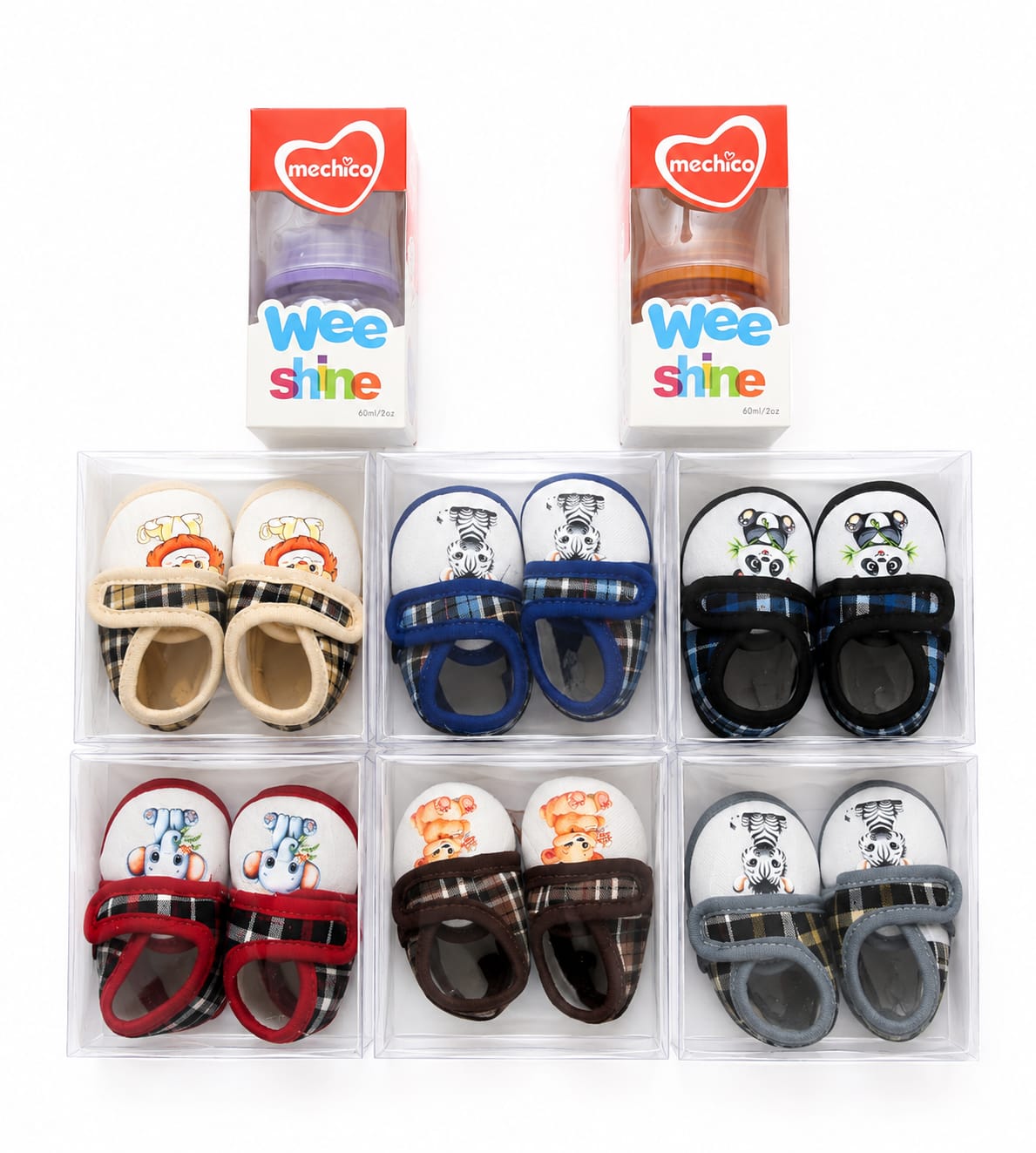 Cute Soft-Sole Animal Print Booties & Wee Shine 60ml Mini Feeders Gift Set