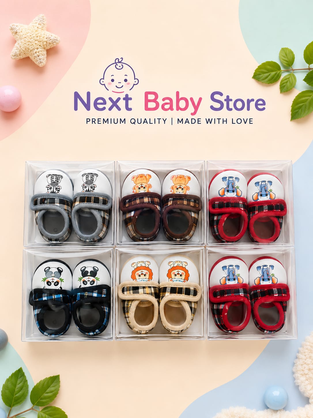 Premium 6-Pack Soft-Sole Baby Cute Animal Prints Booties (0-12 Months)