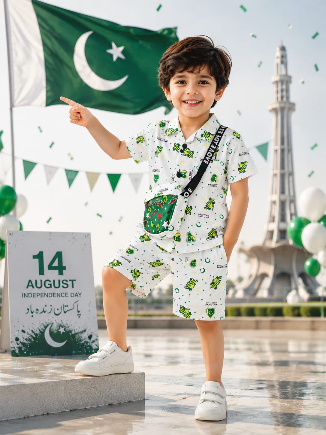 Boys 14th August Printed Shirt & Shorts 3-Piece Set with Matching Crossbody Bag