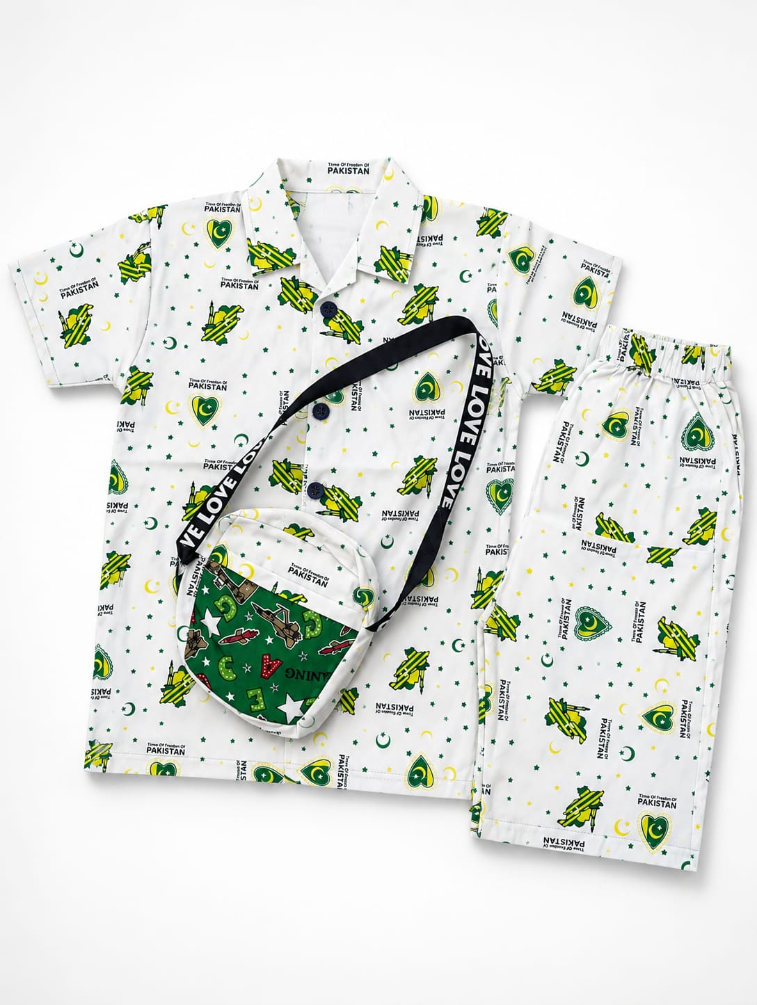 Boys 14th August Printed Shirt & Shorts 3-Piece Set with Matching Crossbody Bag