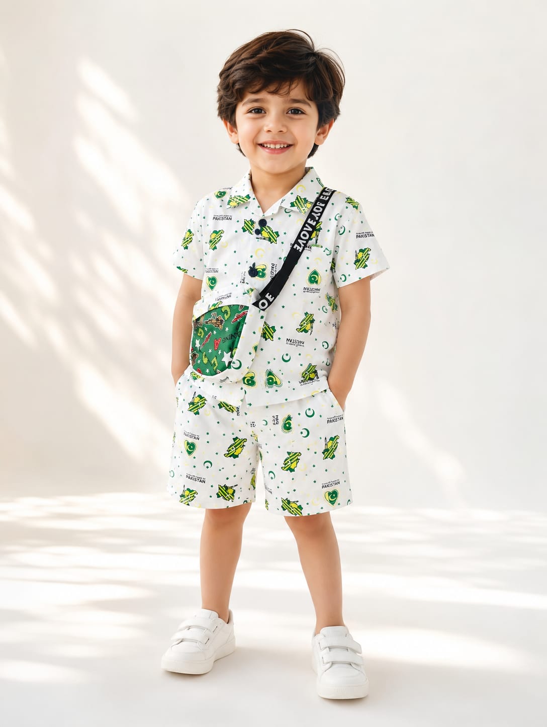 Boys 14th August Printed Shirt & Shorts 3-Piece Set with Matching Crossbody Bag