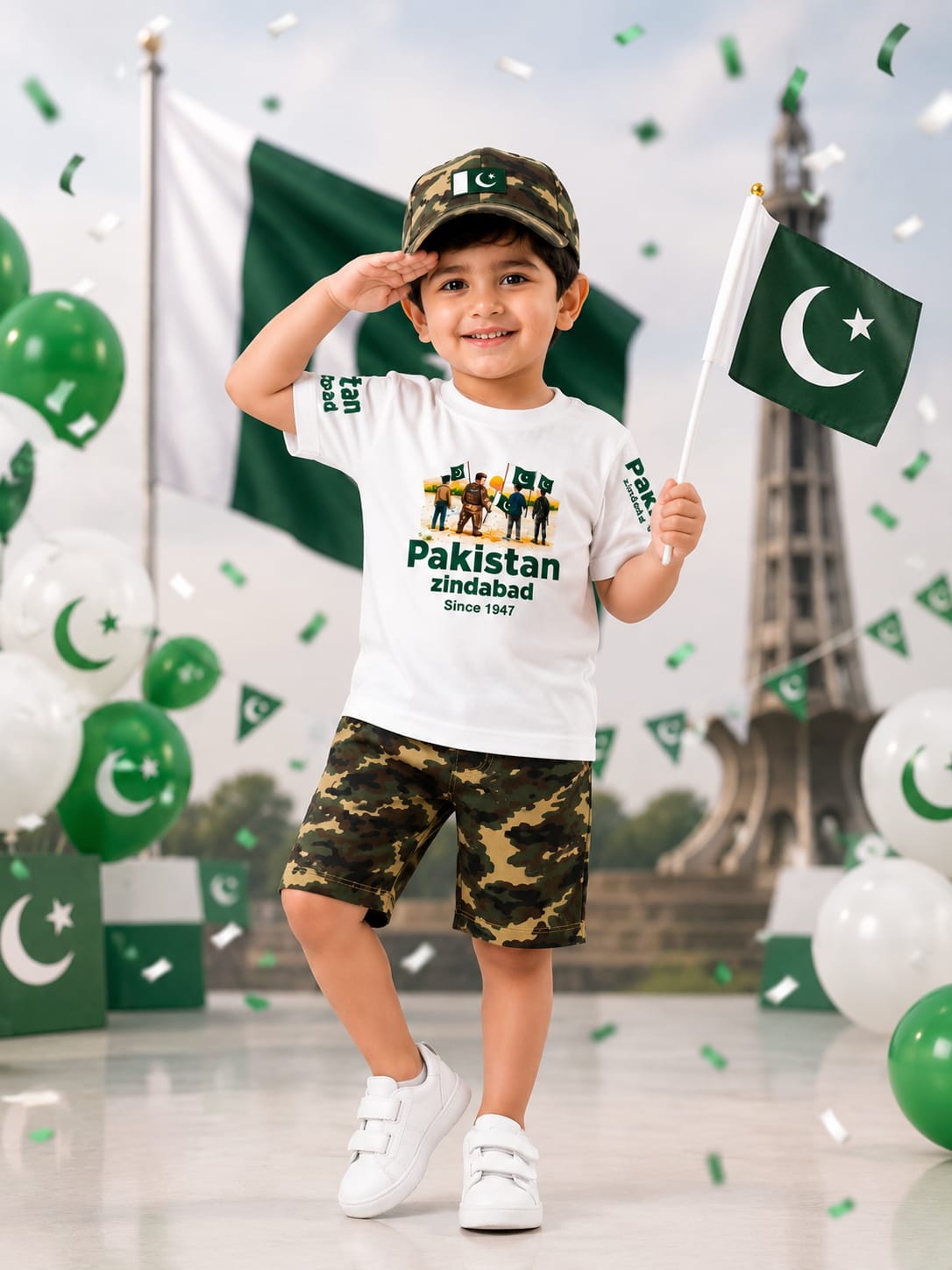 Boys 14th August Pakistan Army Camouflage T-Shirt & Shorts Patriotic Outfit Set