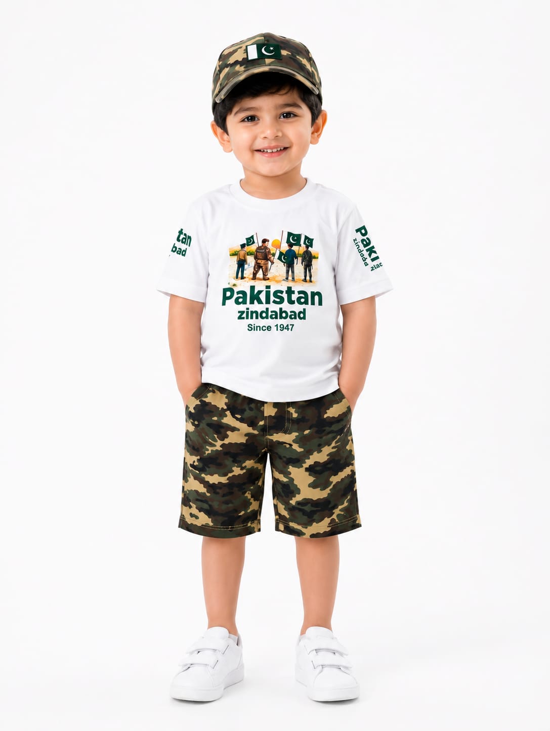 Boys 14th August Pakistan Army Camouflage T-Shirt & Shorts Patriotic Outfit Set