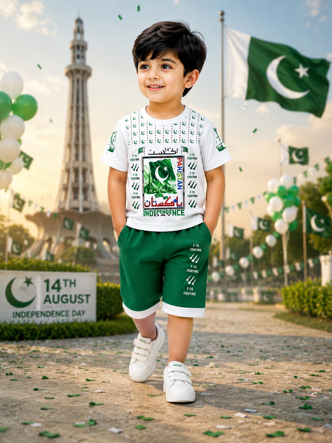 Boys 3D Print Pakistan Independence Day 14th August T-Shirt & Shorts Outfit Set