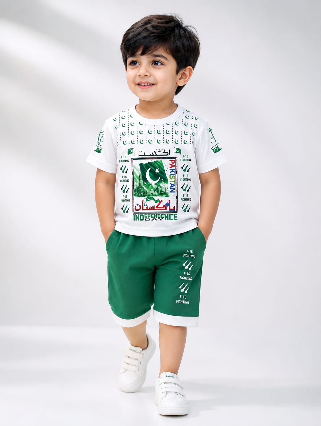 Boys 3D Print Pakistan Independence Day 14th August T-Shirt & Shorts Outfit Set