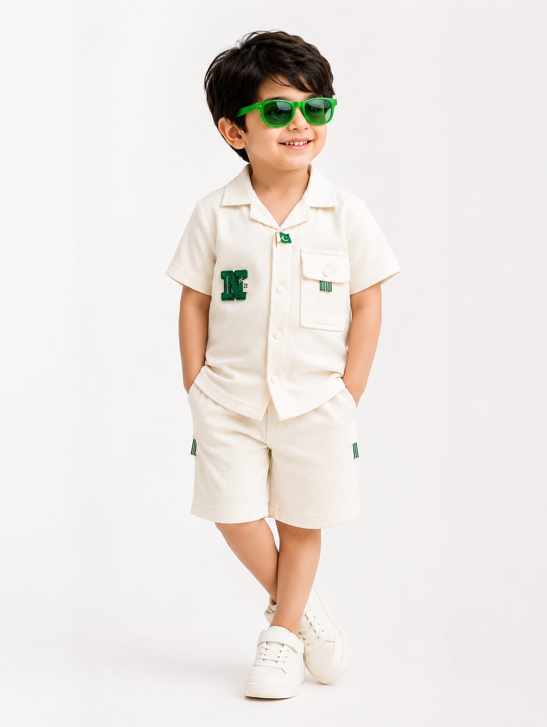 Boys' White & Green 14 August Cargo Premium Imported China Fabric Suit