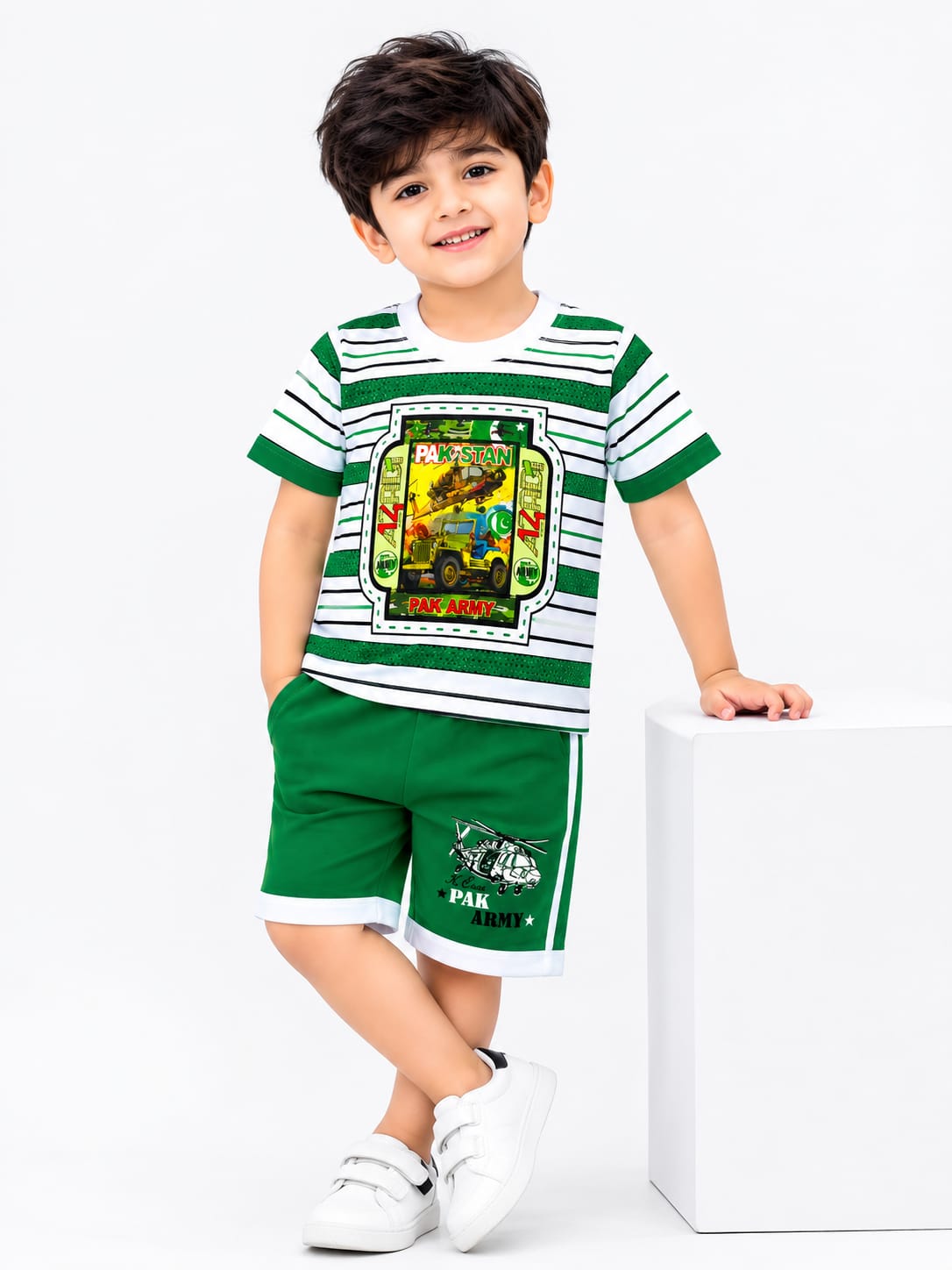 Boys 3D Print Pak Army Stripe 14th August Pakistan Independence Day Outfit T-Shirt & Shorts Set