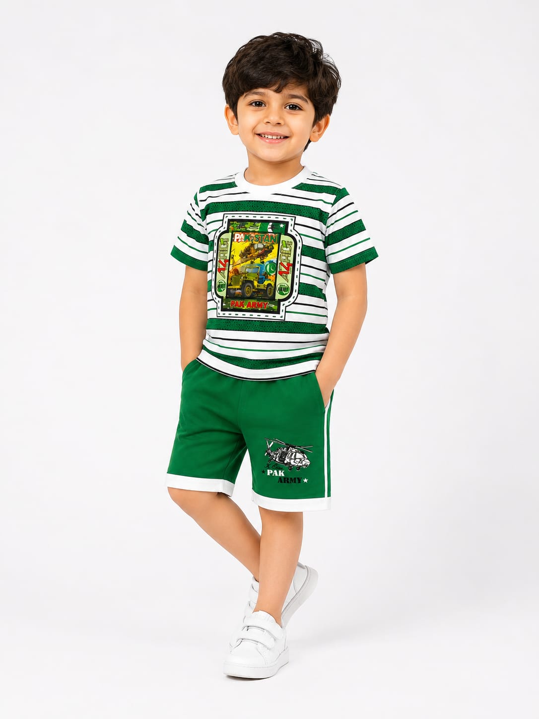 Boys 3D Print Pak Army Stripe 14th August Pakistan Independence Day Outfit T-Shirt & Shorts Set