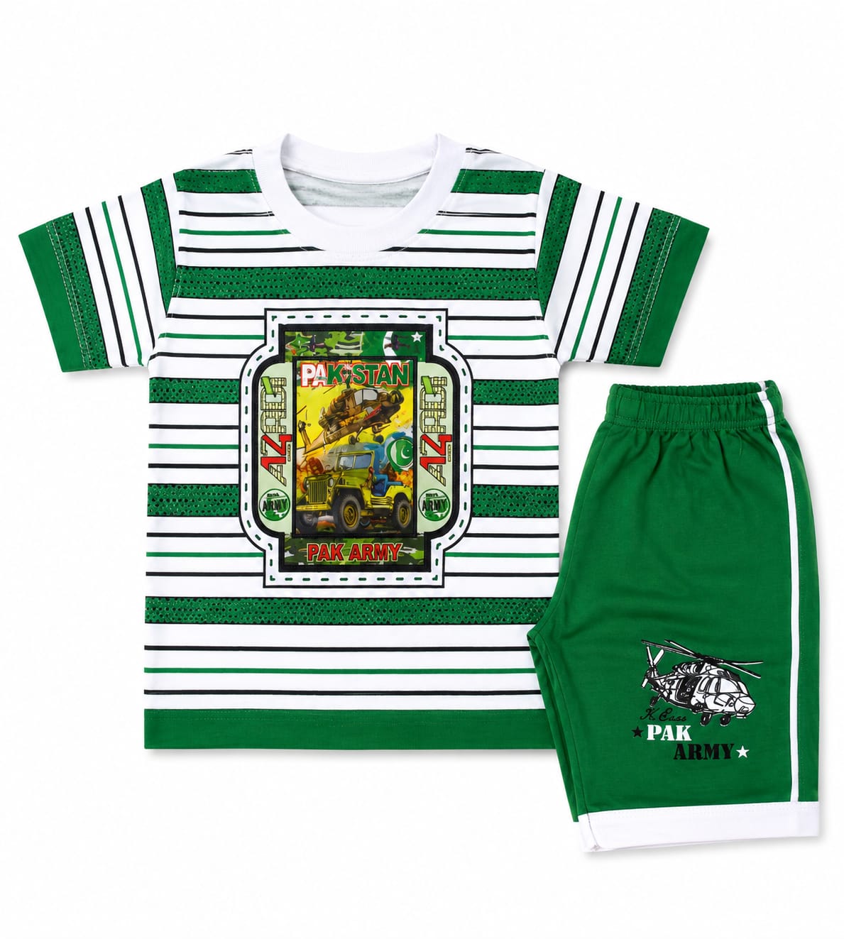Boys 3D Print Pak Army Stripe 14th August Pakistan Independence Day Outfit T-Shirt & Shorts Set
