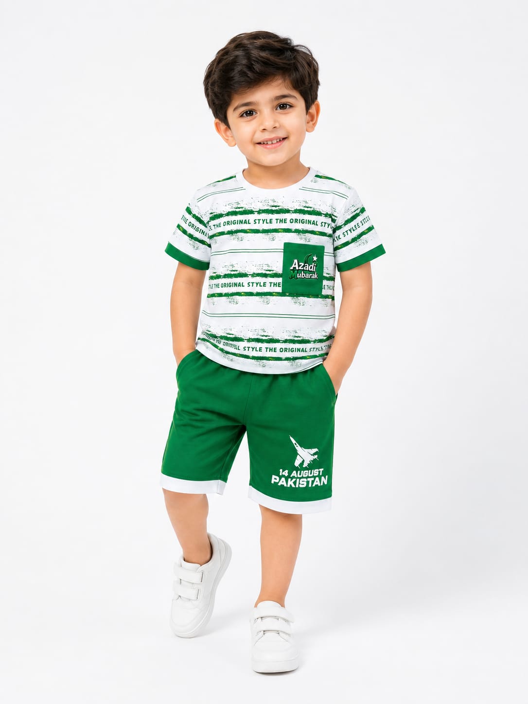 Boys 3D Print 14th August Azadi Mubarak Pocket T-Shirt & Shorts Pakistan Independence Day Outfit