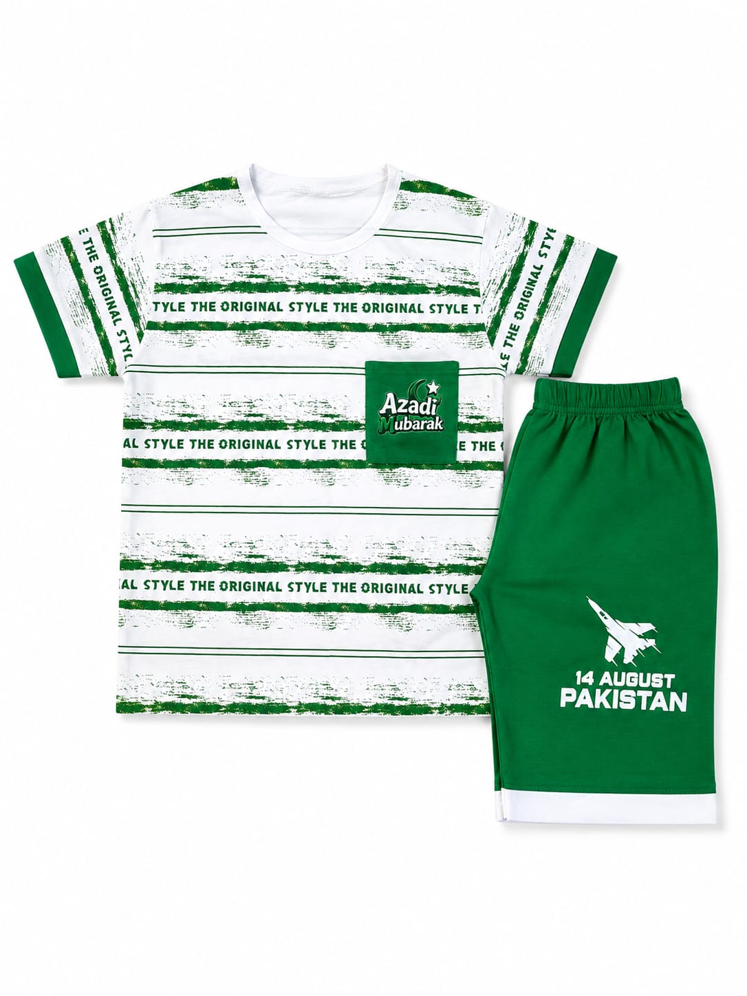 Boys 3D Print 14th August Azadi Mubarak Pocket T-Shirt & Shorts Pakistan Independence Day Outfit
