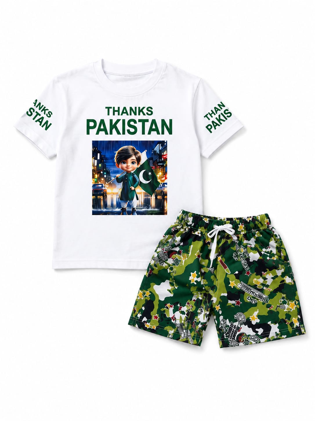Boys 3D Print 14th August "Thanks Pakistan" T-Shirt & Camo Shorts Set